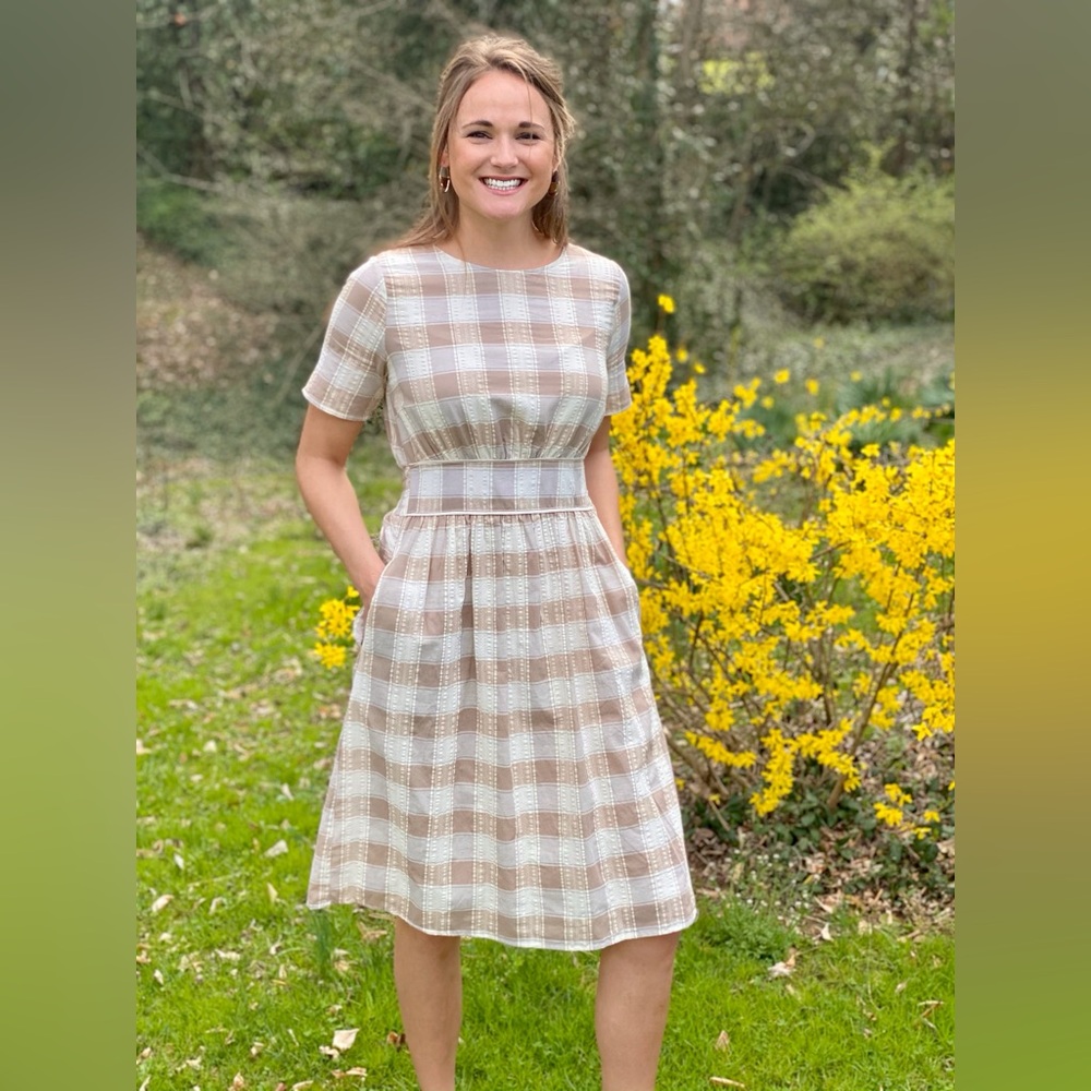 Tan and cream buffalo check dress